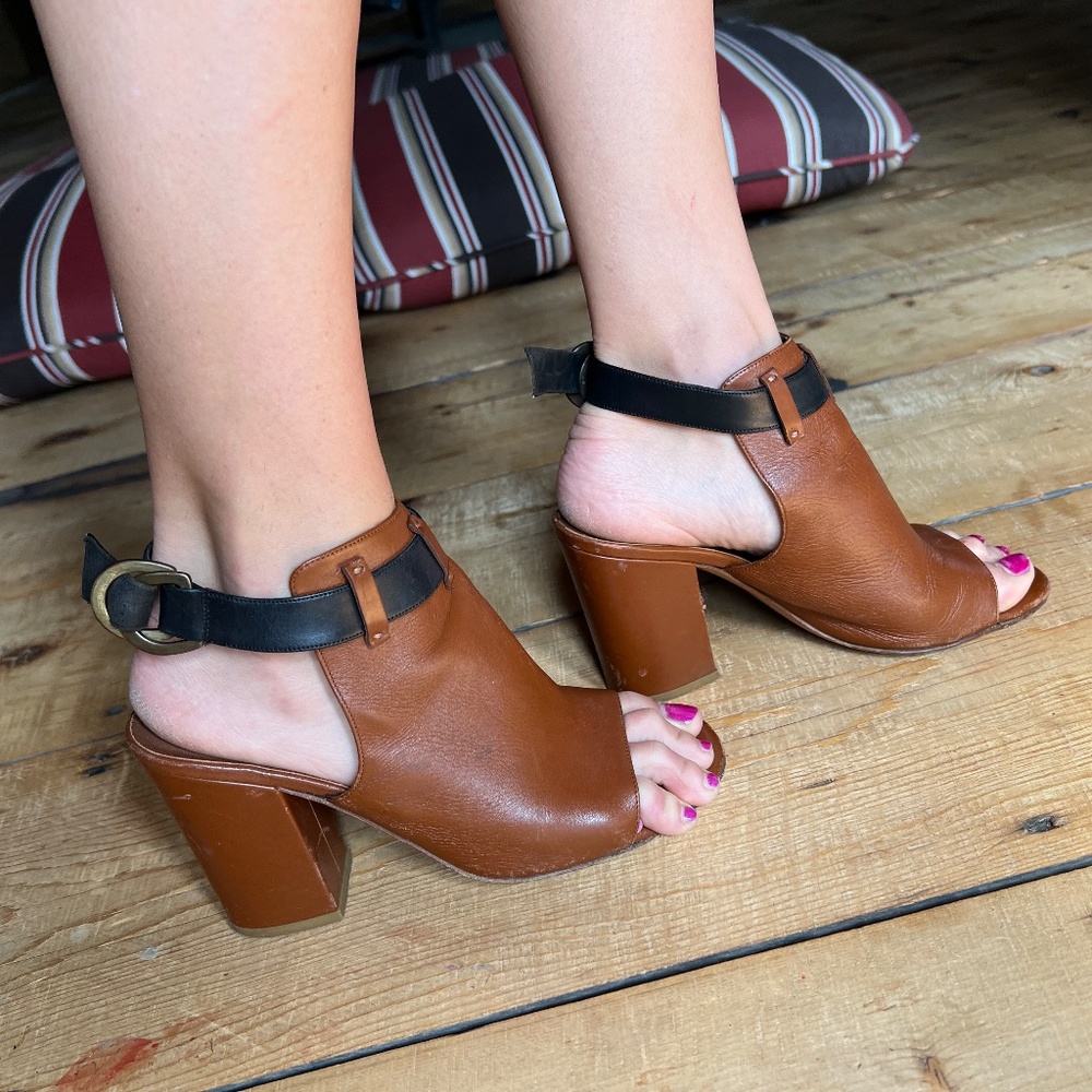 Delman Brown Leather Block Heel Sandals with Black Ankle Strap